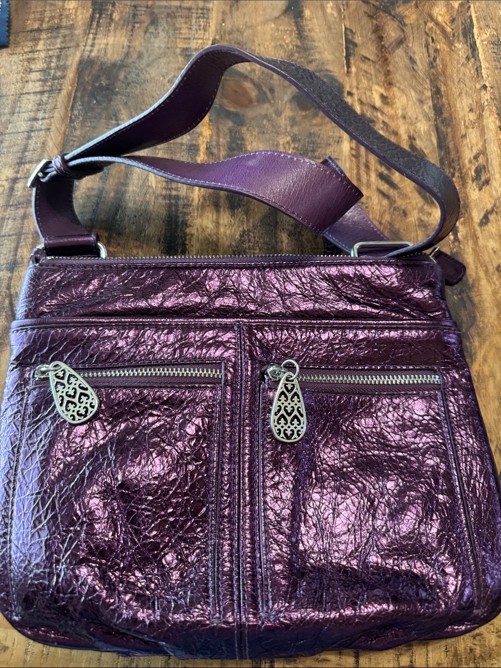 Brighton Metallic Plum Shoulder Bag with Dual Zip Pockets